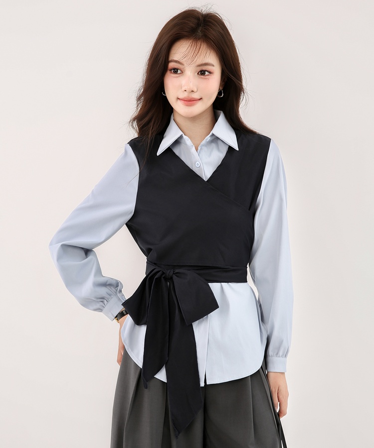 Pseudo-two long sleeve pinched waist bandage autumn shirt