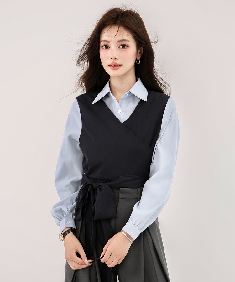 Pseudo-two long sleeve pinched waist bandage autumn shirt