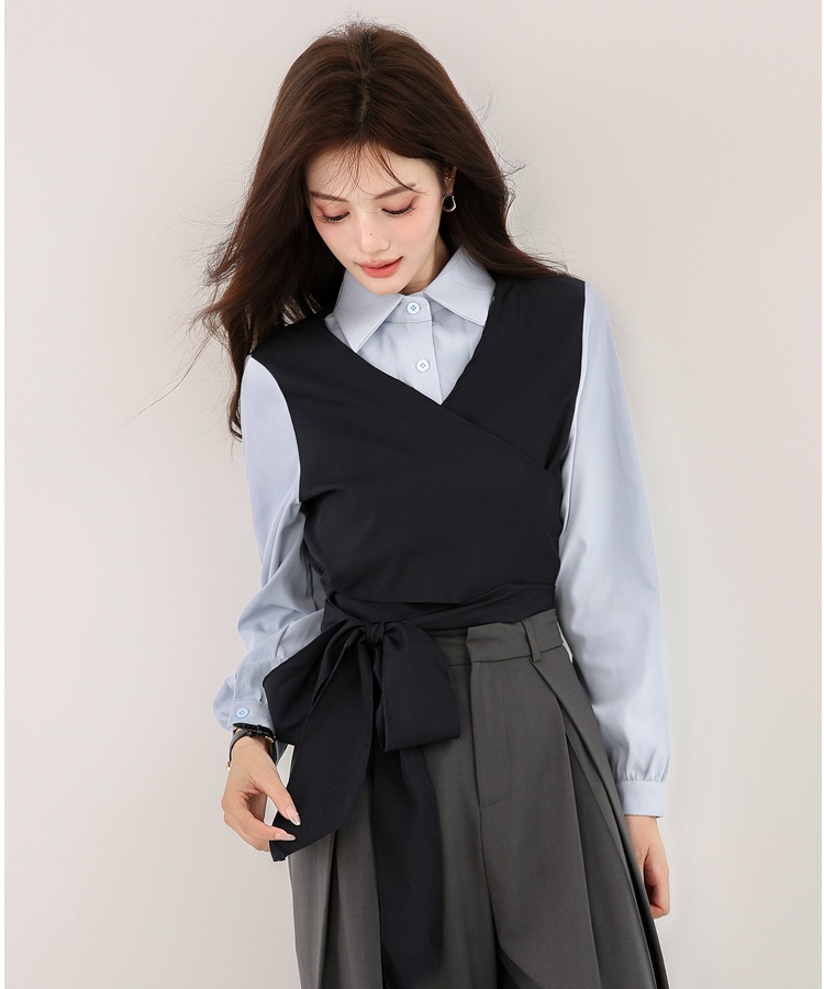 Pseudo-two long sleeve pinched waist bandage autumn shirt