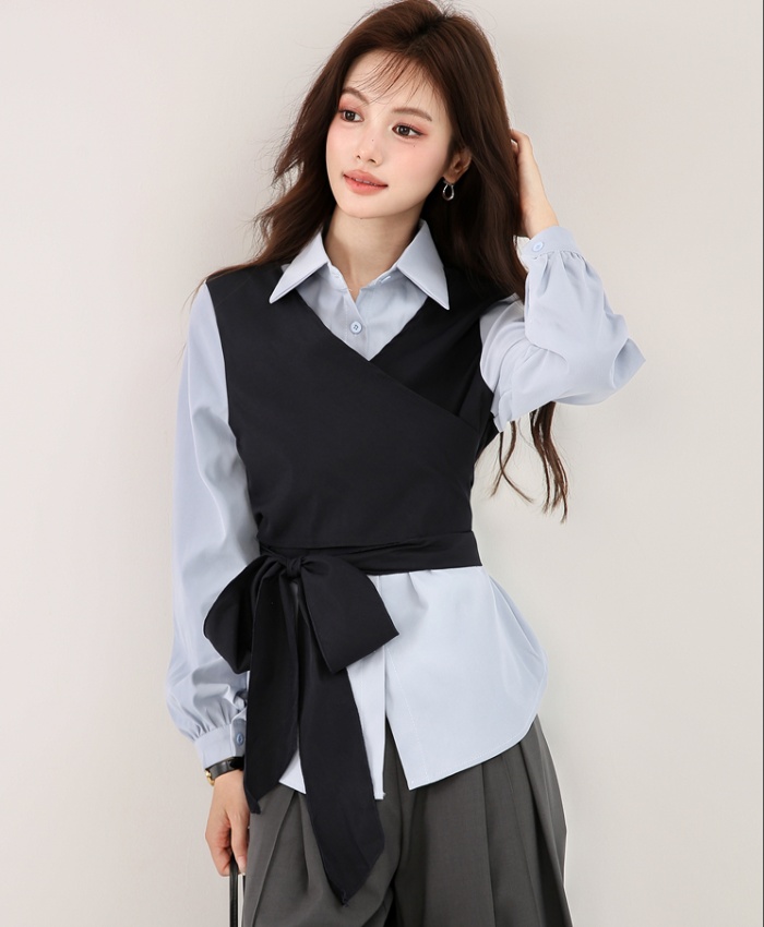 Pseudo-two long sleeve pinched waist bandage autumn shirt