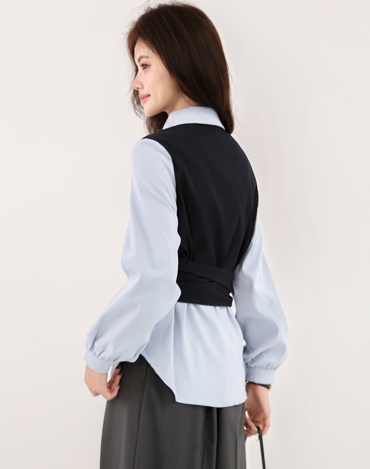 Pseudo-two long sleeve pinched waist bandage autumn shirt