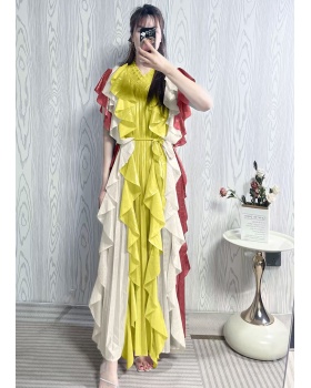 Bronzing mixed colors dress fold long dress