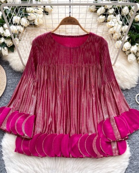 Trumpet sleeves bronzing loose tops crimp autumn T-shirt