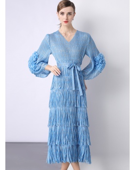 European style fold dress disk flowers bronzing long dress