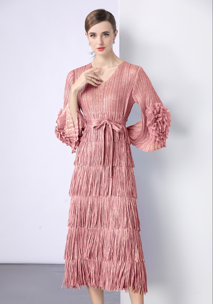 European style fold dress disk flowers bronzing long dress