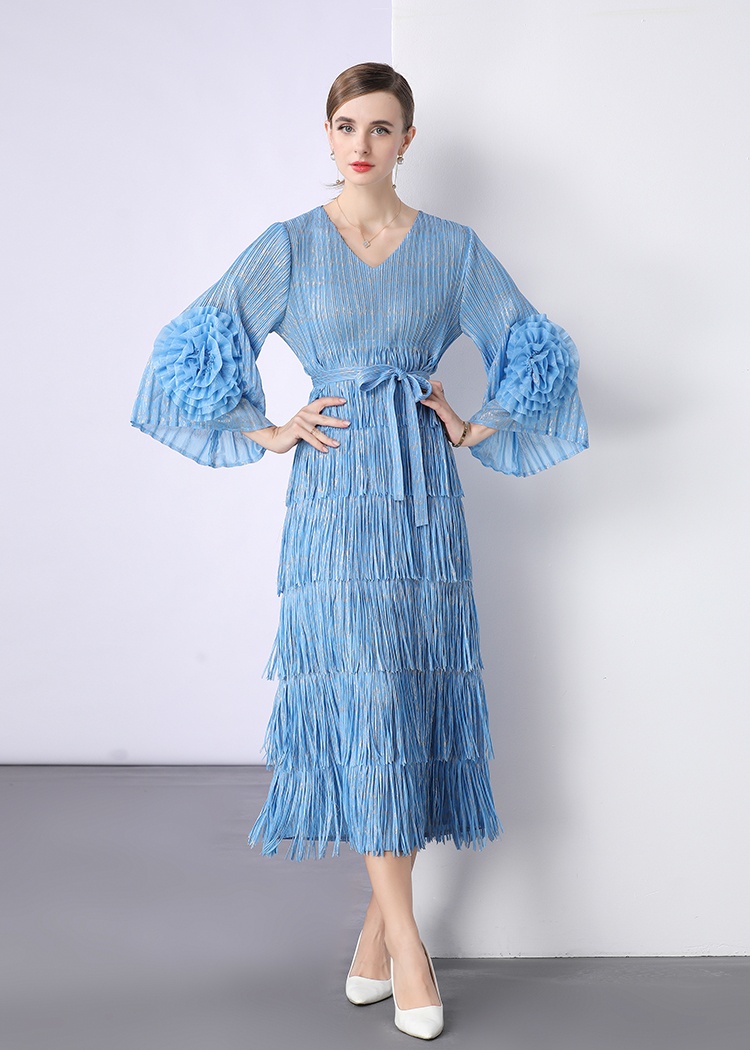 European style fold dress disk flowers bronzing long dress