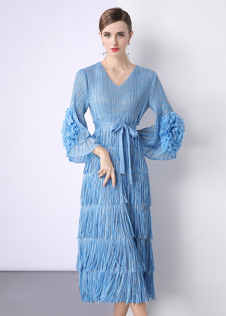 European style fold dress disk flowers bronzing long dress