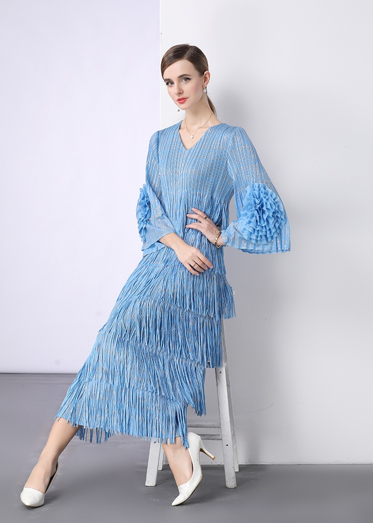 European style fold dress disk flowers bronzing long dress
