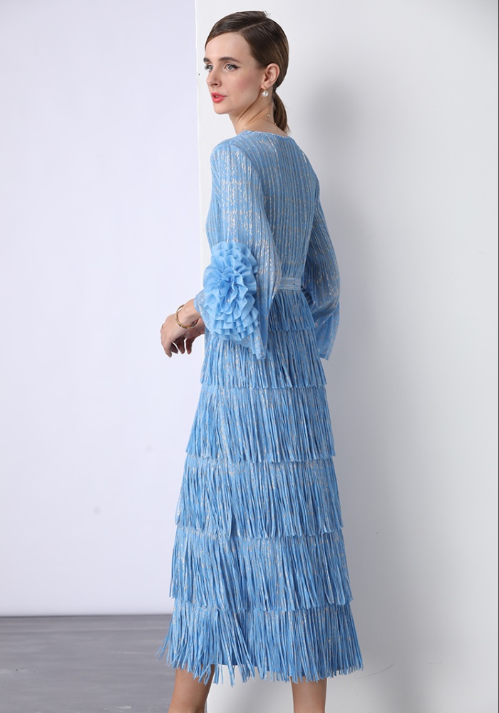 European style fold dress disk flowers bronzing long dress