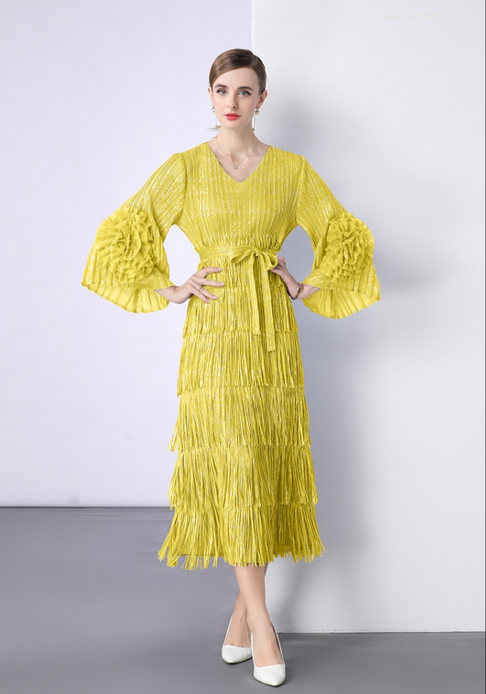 European style fold dress disk flowers bronzing long dress