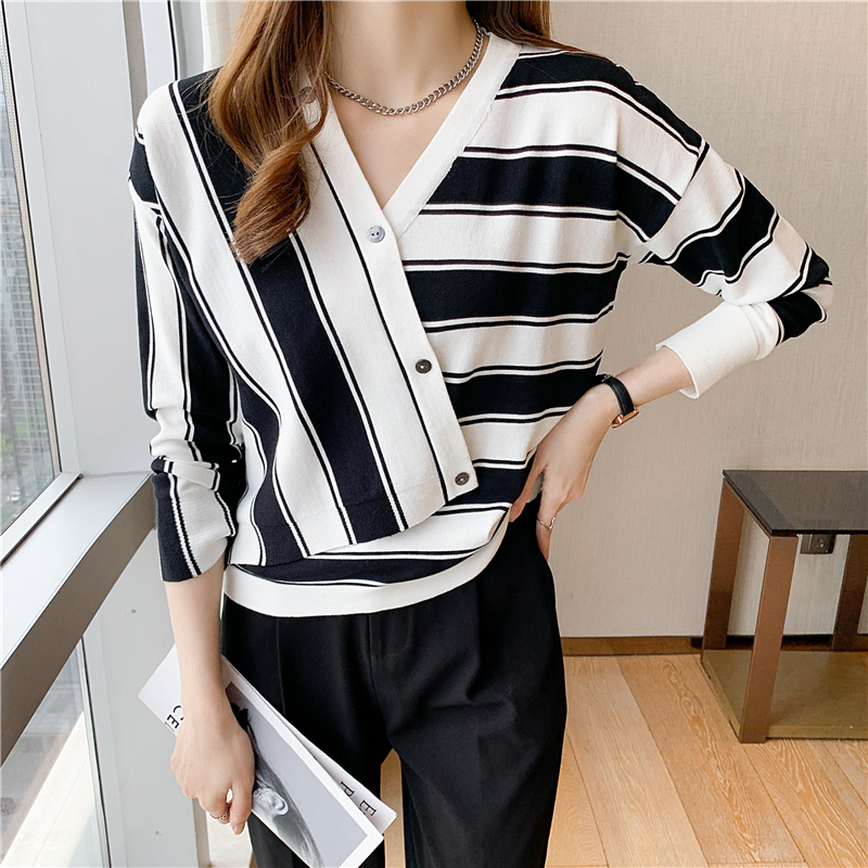 Stripe knitted wool tops autumn temperament sweater for women