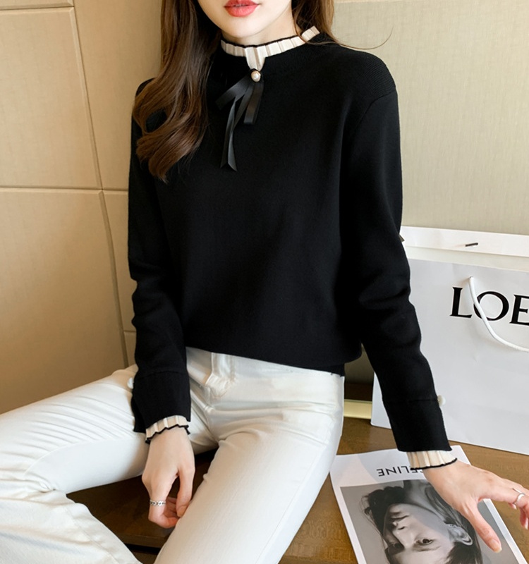 Niche pleated bow Pseudo-two sweater for women