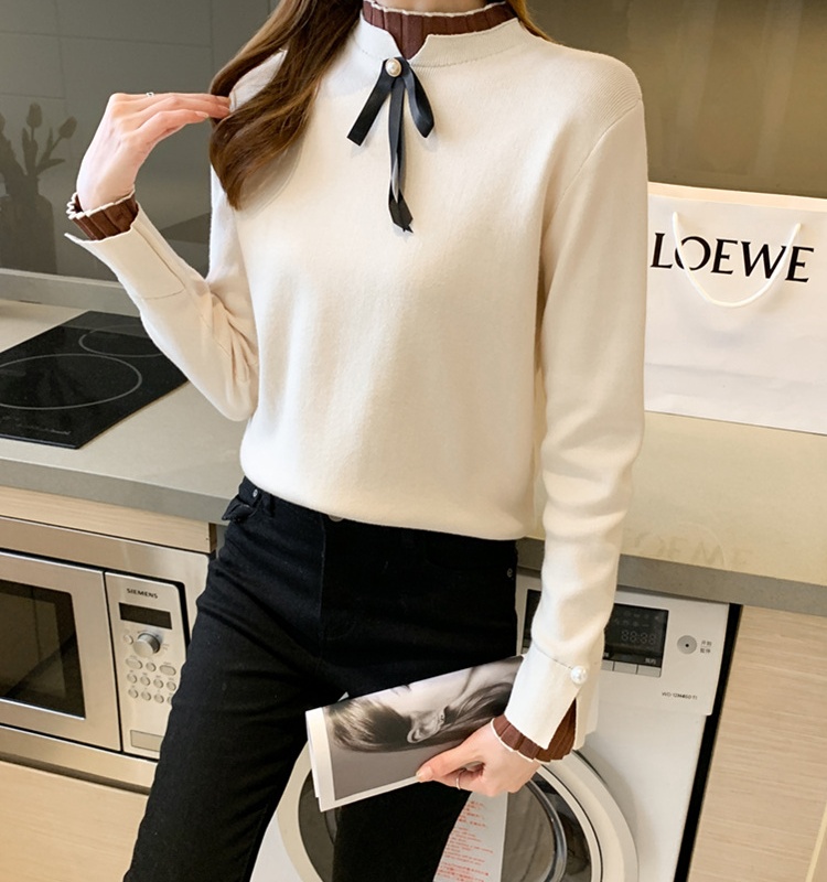 Niche pleated bow Pseudo-two sweater for women