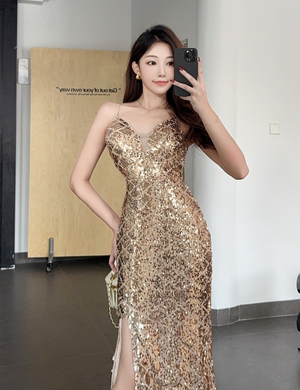 Niche glitter sling formal dress sexy light luxury dress
