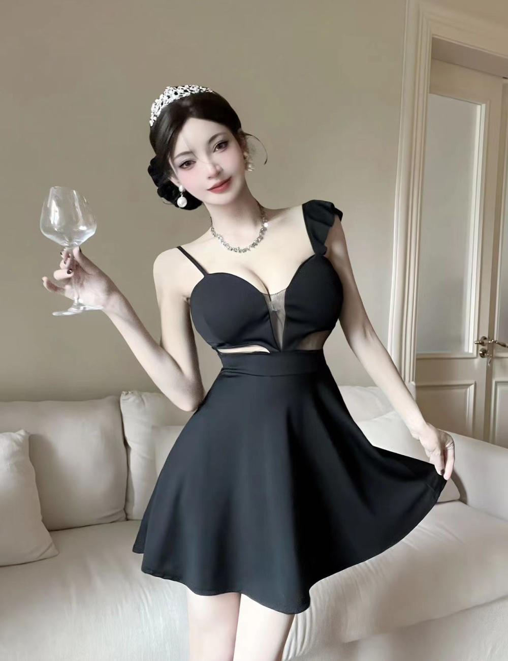 Temperament hollow low-cut sexy sling dress