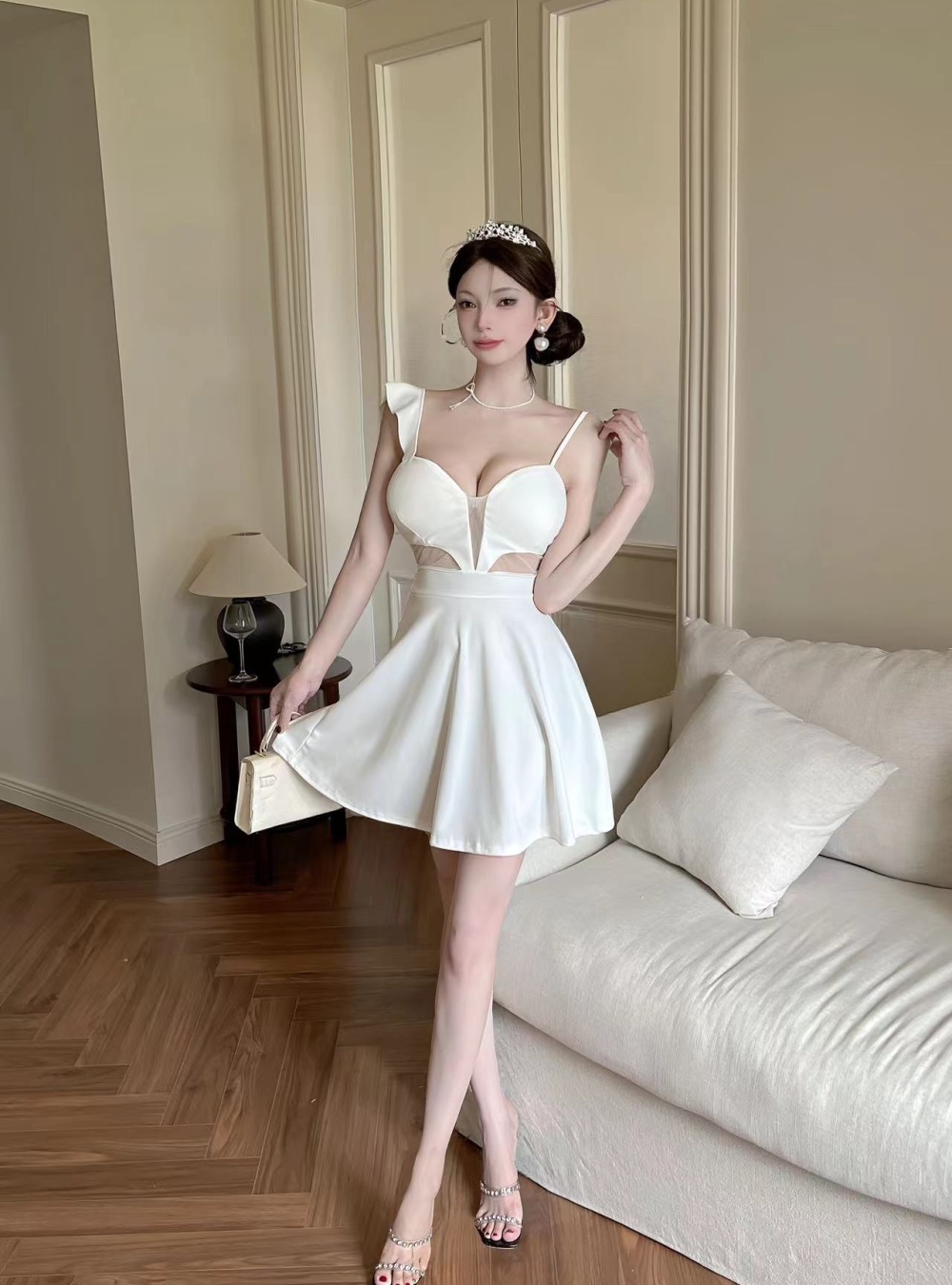 Temperament hollow low-cut sexy sling dress