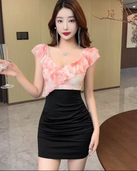 Package hip lotus leaf edges sexy pinched waist gauze dress