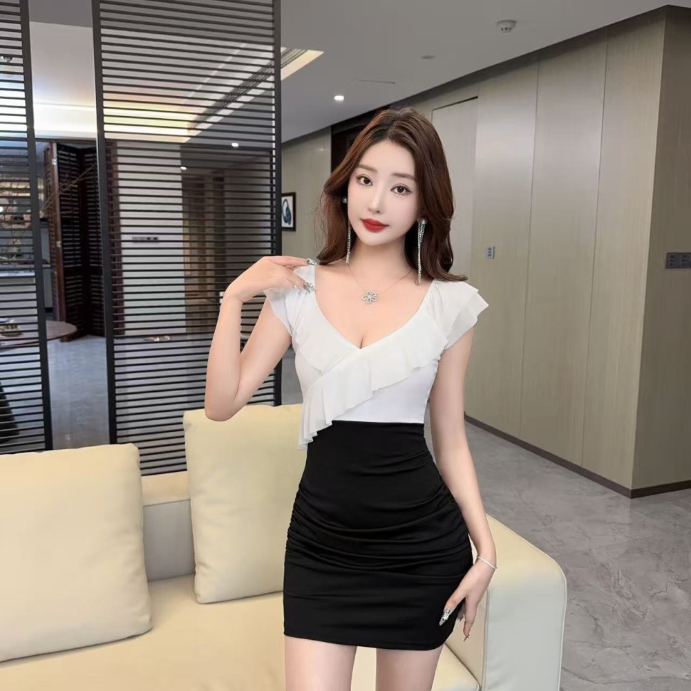 Package hip lotus leaf edges sexy pinched waist gauze dress