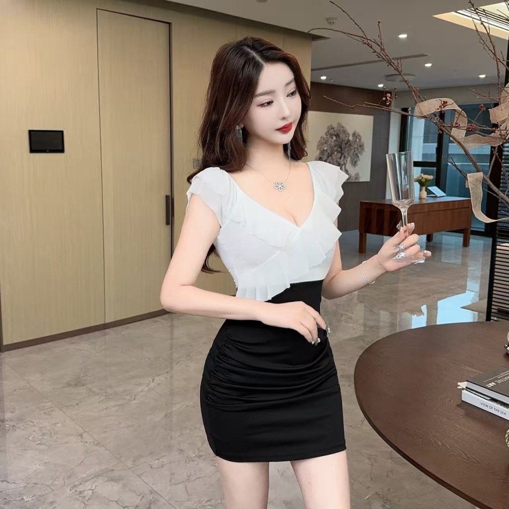 Package hip lotus leaf edges sexy pinched waist gauze dress
