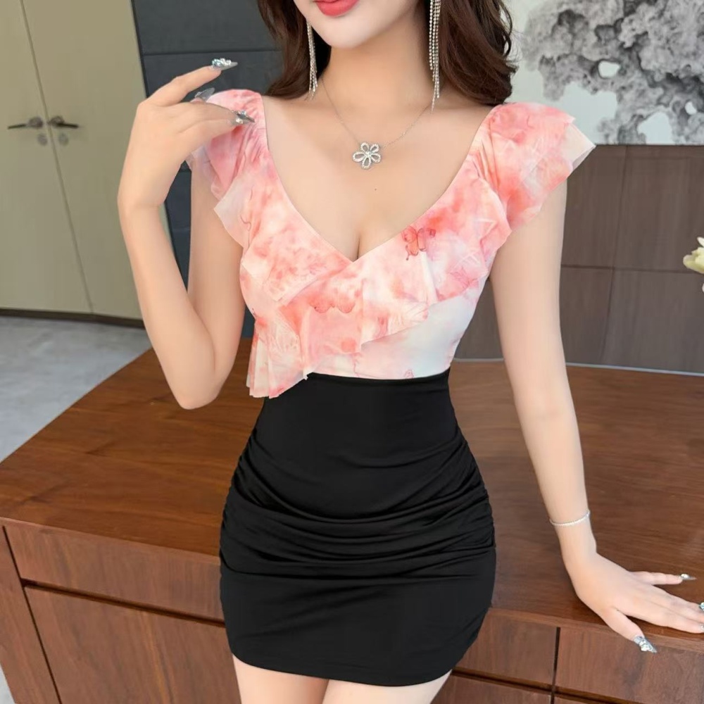 Package hip lotus leaf edges sexy pinched waist gauze dress