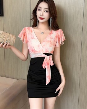 Sexy bottoming mixed colors splice gauze dress