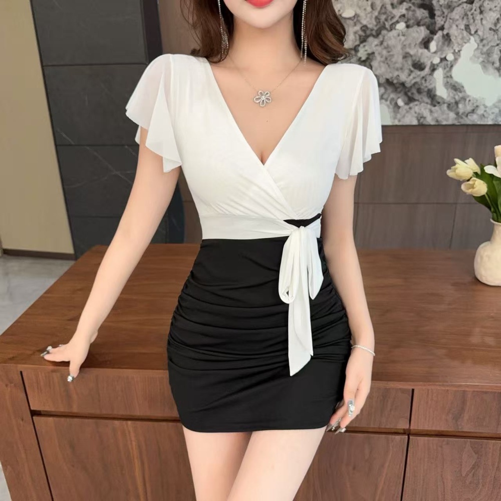Sexy bottoming mixed colors splice gauze dress