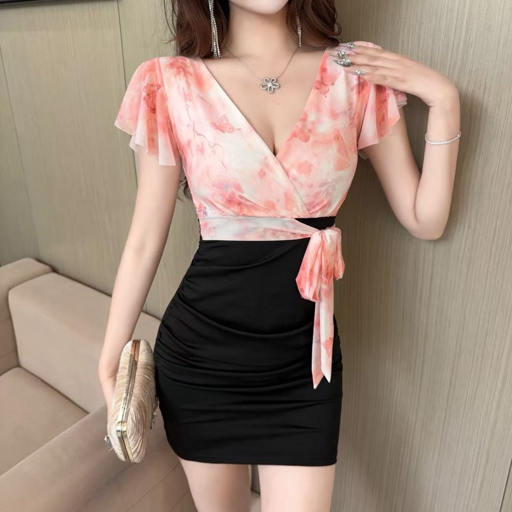 Sexy bottoming mixed colors splice gauze dress
