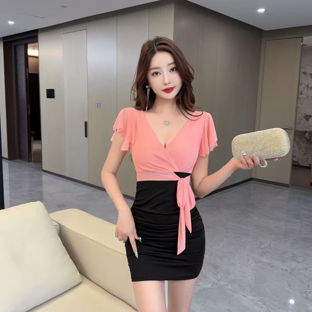 Sexy bottoming mixed colors splice gauze dress