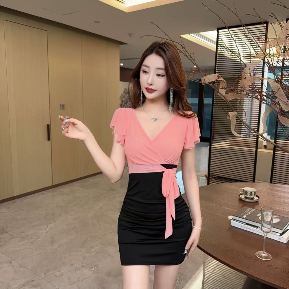 Sexy bottoming mixed colors splice gauze dress