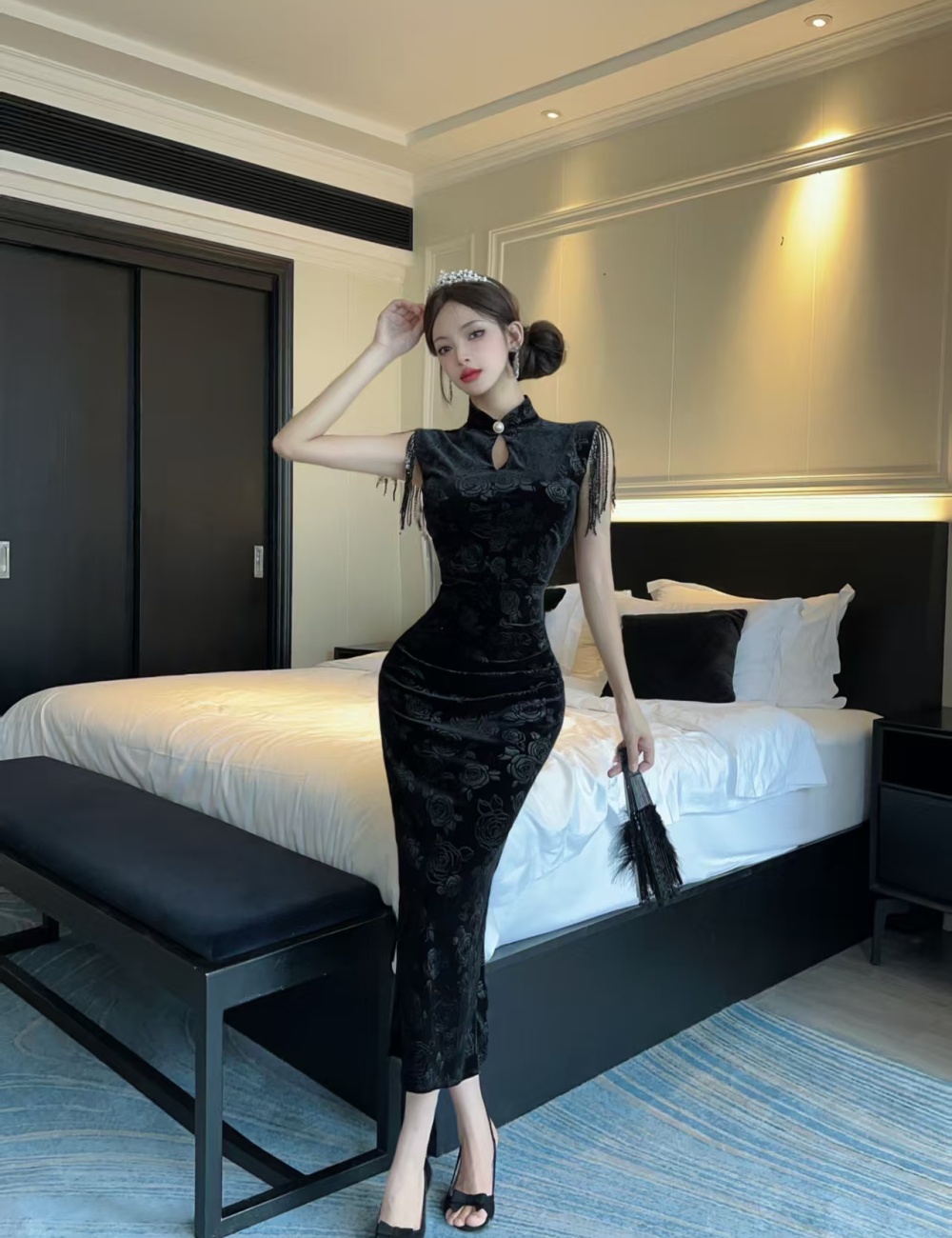 Chinese style halter dress jacquard strapless cheongsam