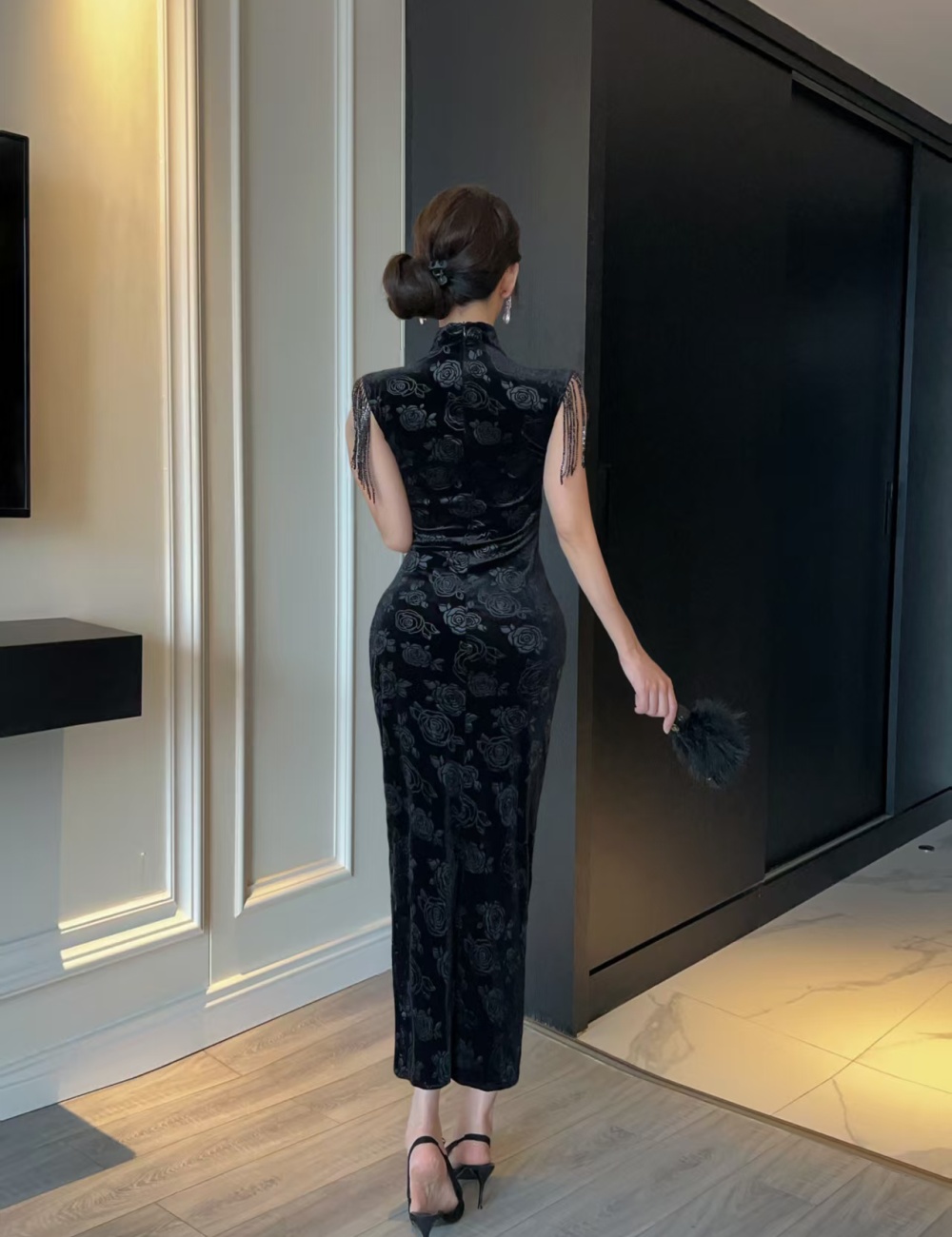Chinese style halter dress jacquard strapless cheongsam