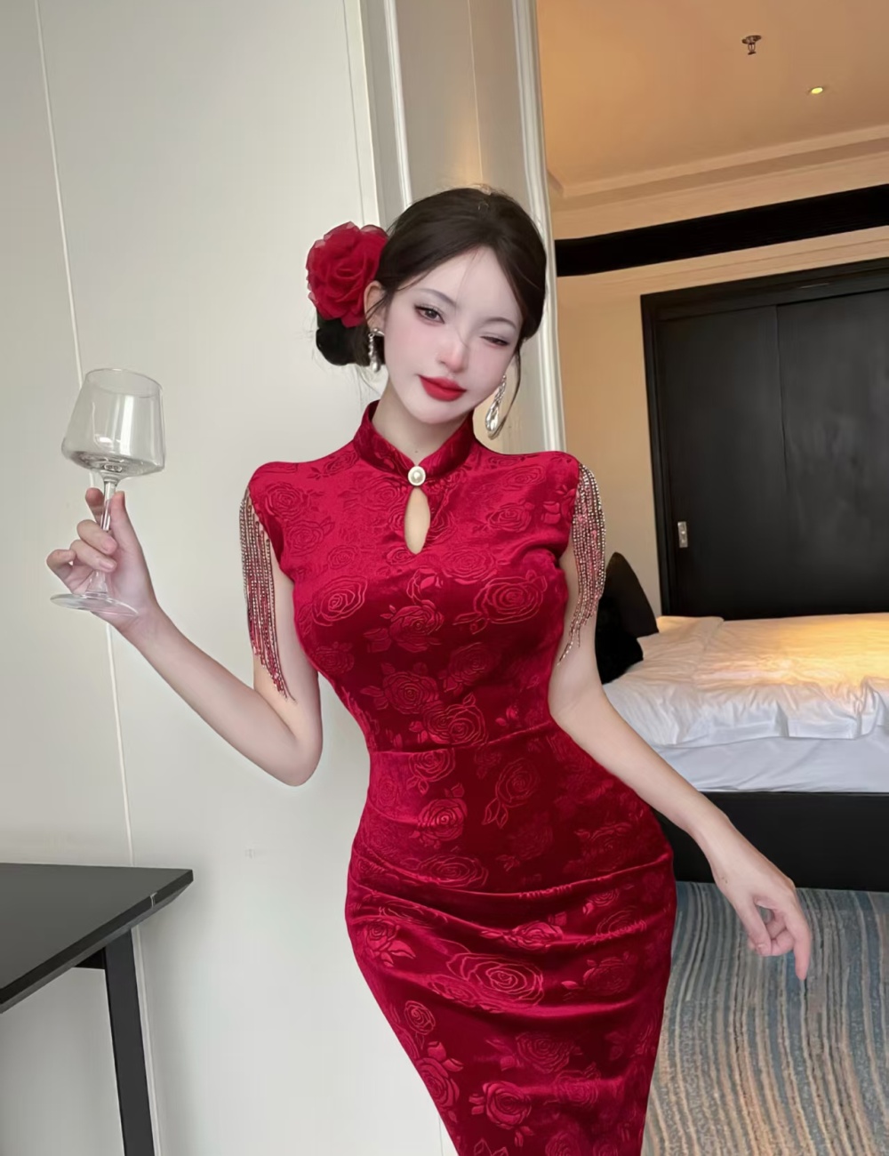 Chinese style halter dress jacquard strapless cheongsam