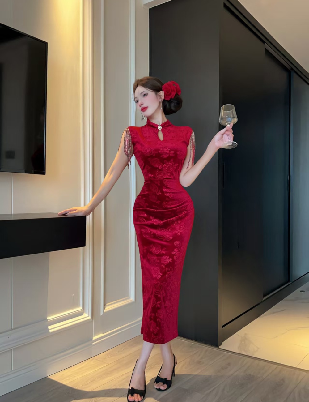 Chinese style halter dress jacquard strapless cheongsam