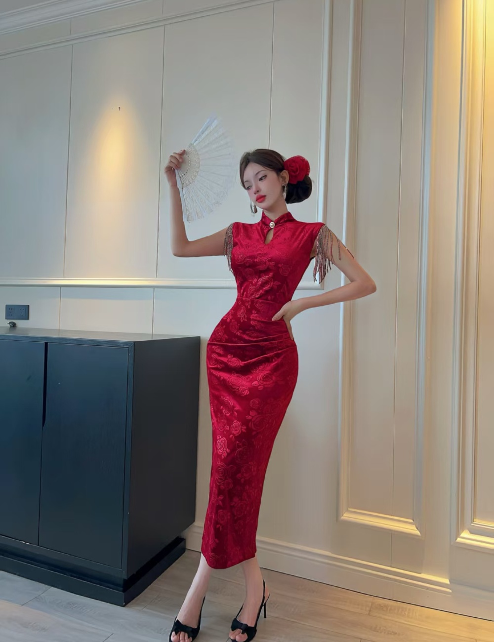 Chinese style halter dress jacquard strapless cheongsam