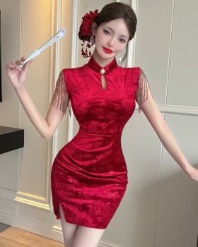 Package hip short cheongsam sexy golden velvet dress
