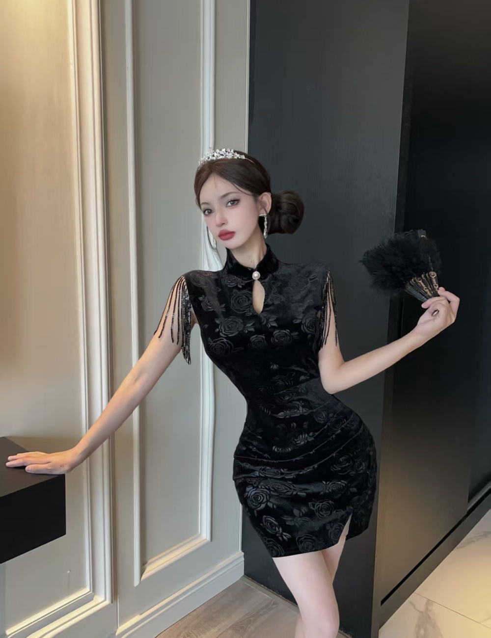 Package hip short cheongsam sexy golden velvet dress