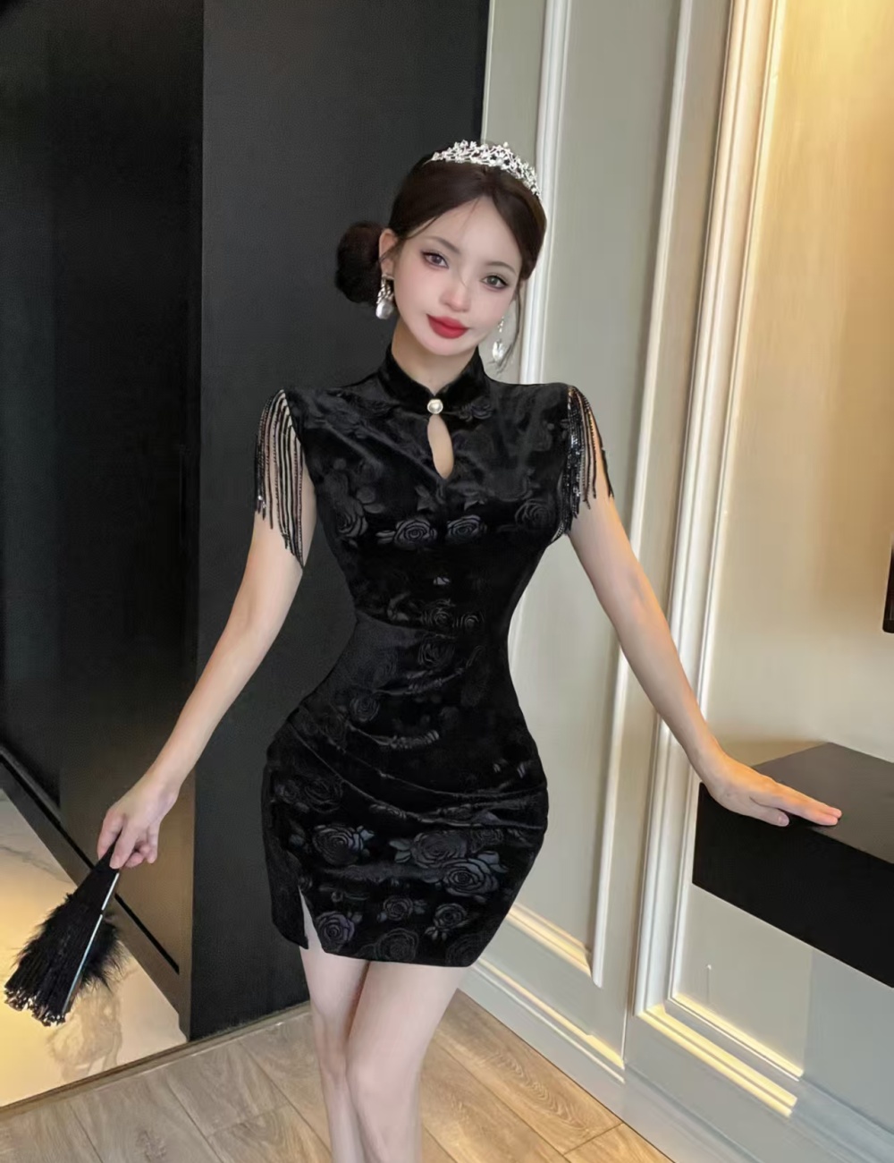 Package hip short cheongsam sexy golden velvet dress