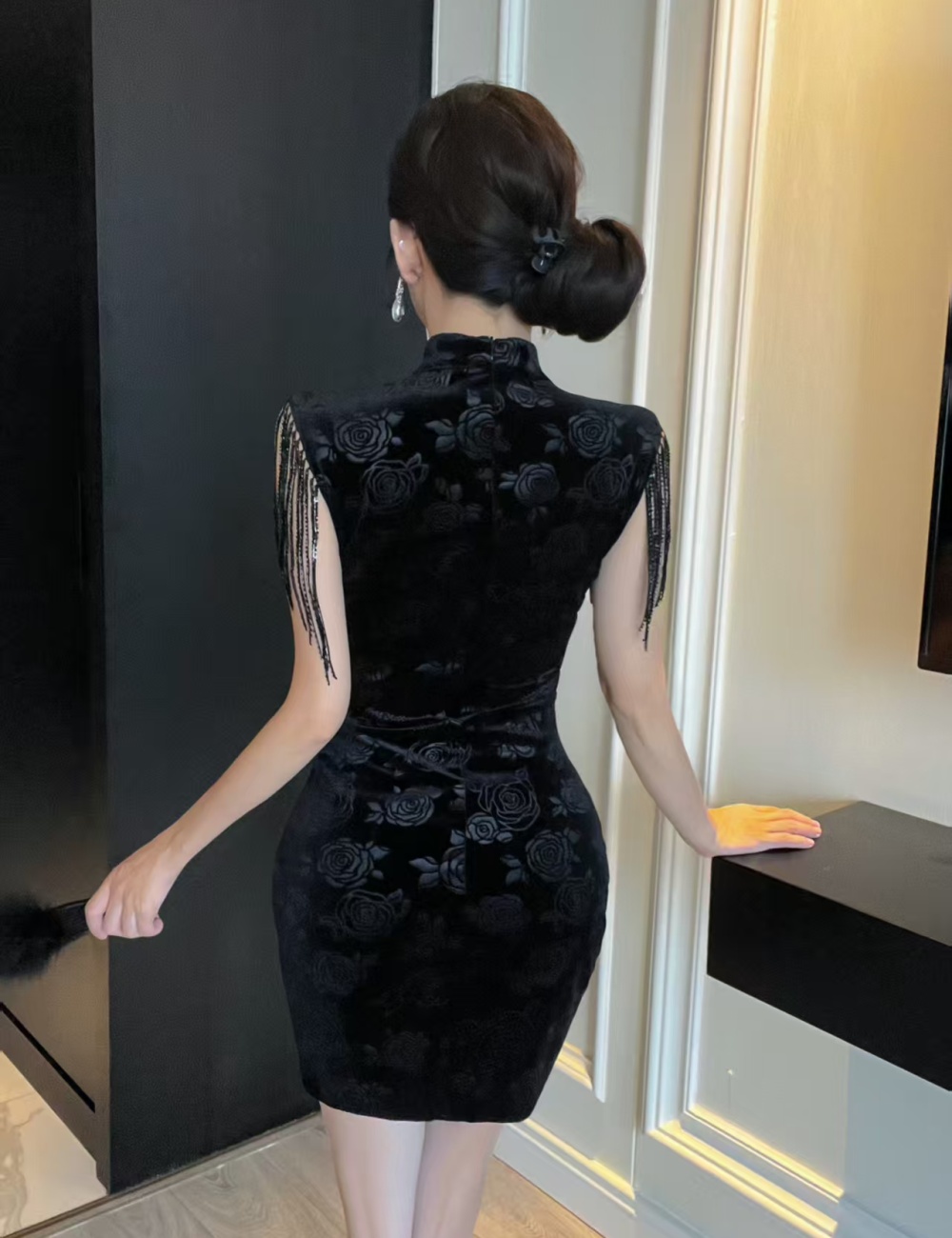 Package hip short cheongsam sexy golden velvet dress