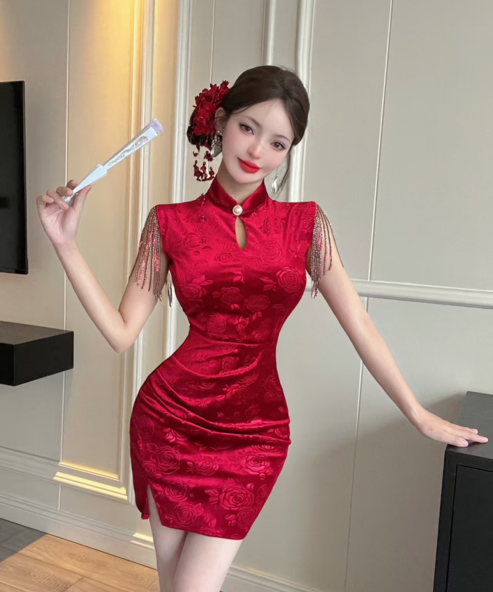 Package hip short cheongsam sexy golden velvet dress