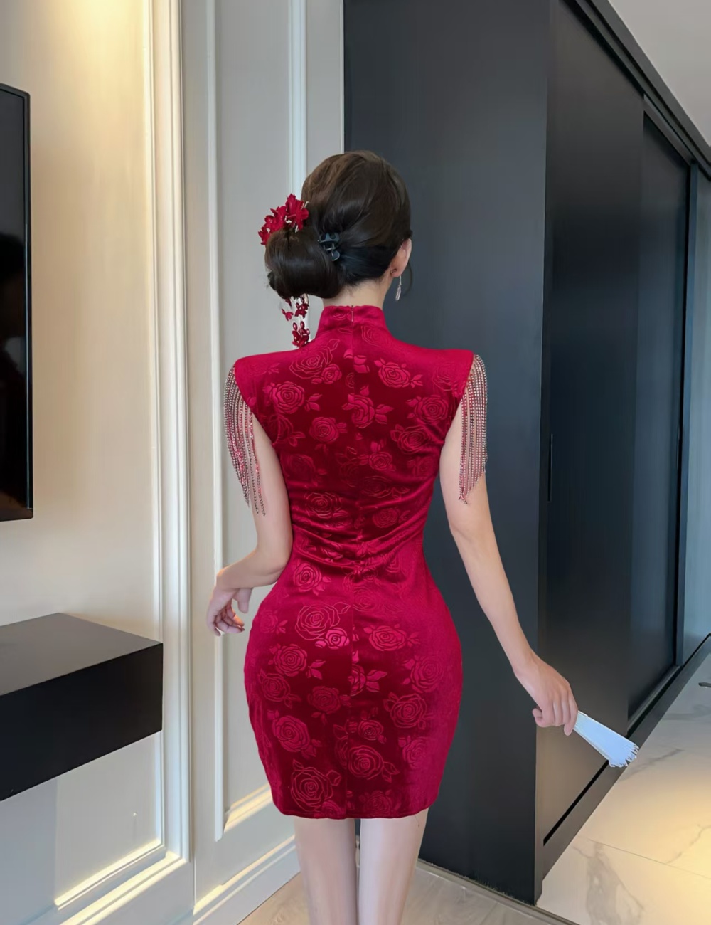 Package hip short cheongsam sexy golden velvet dress