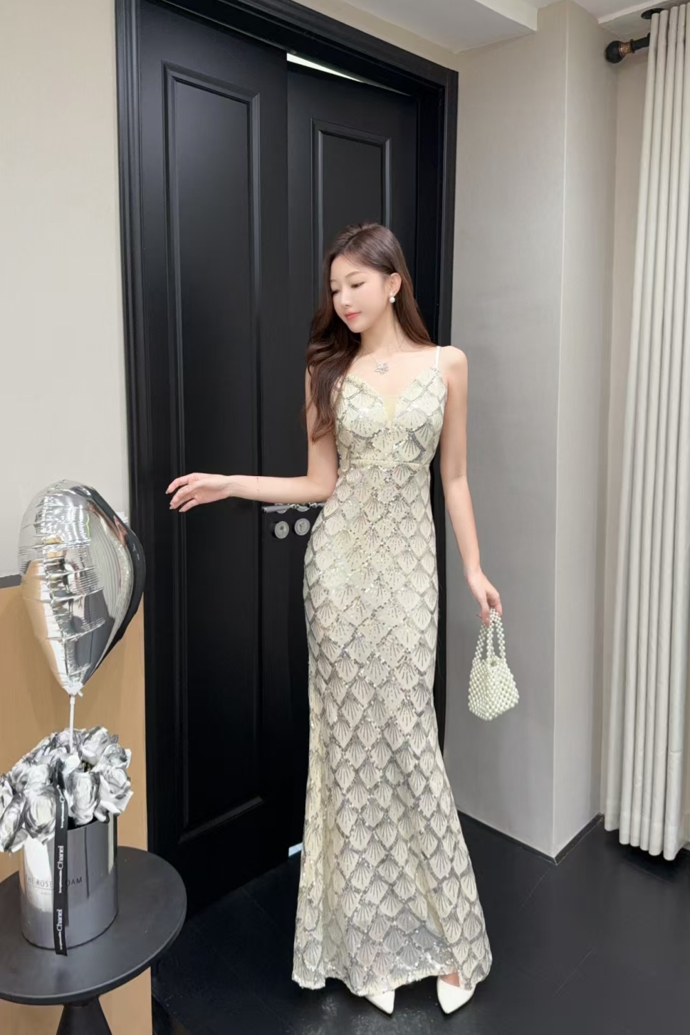 Sling ladies sequins dress banquet split evening dress