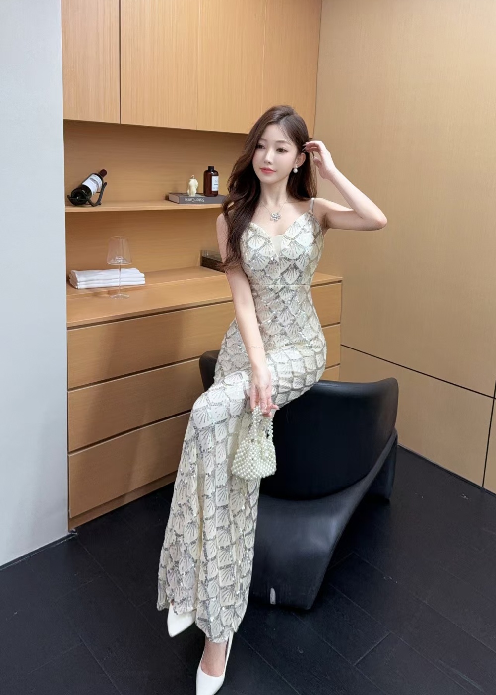 Sling ladies sequins dress banquet split evening dress