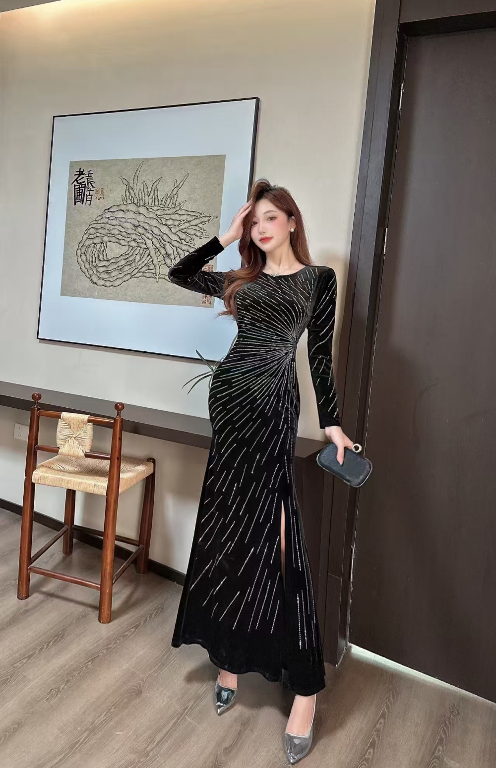 Slim sexy package hip dress temperament glitter long dress
