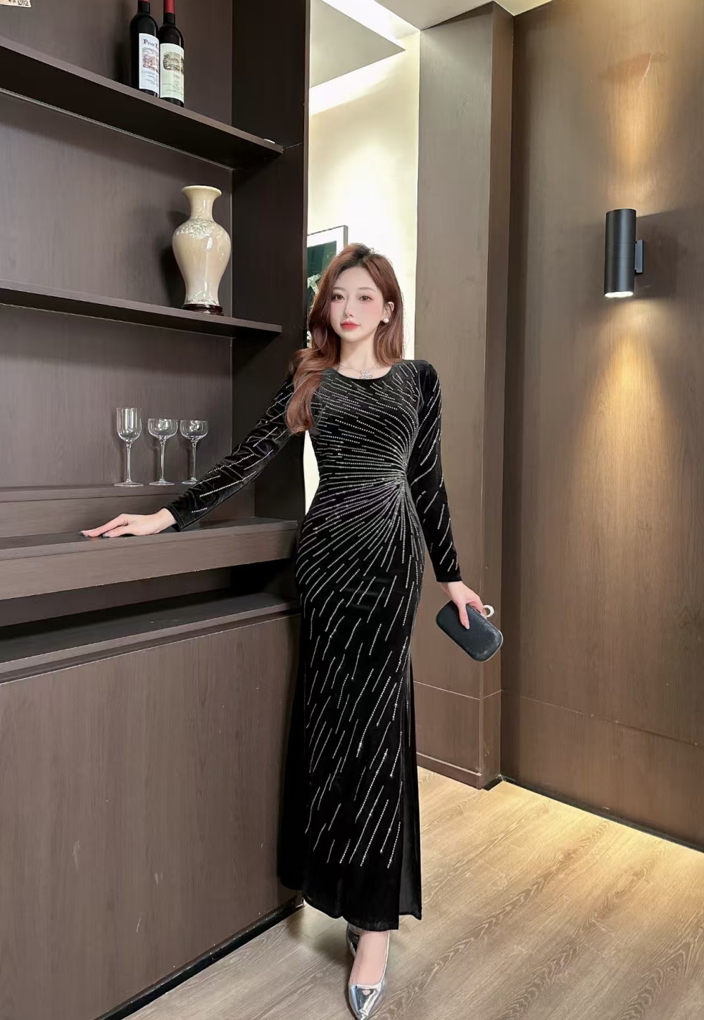 Slim sexy package hip dress temperament glitter long dress