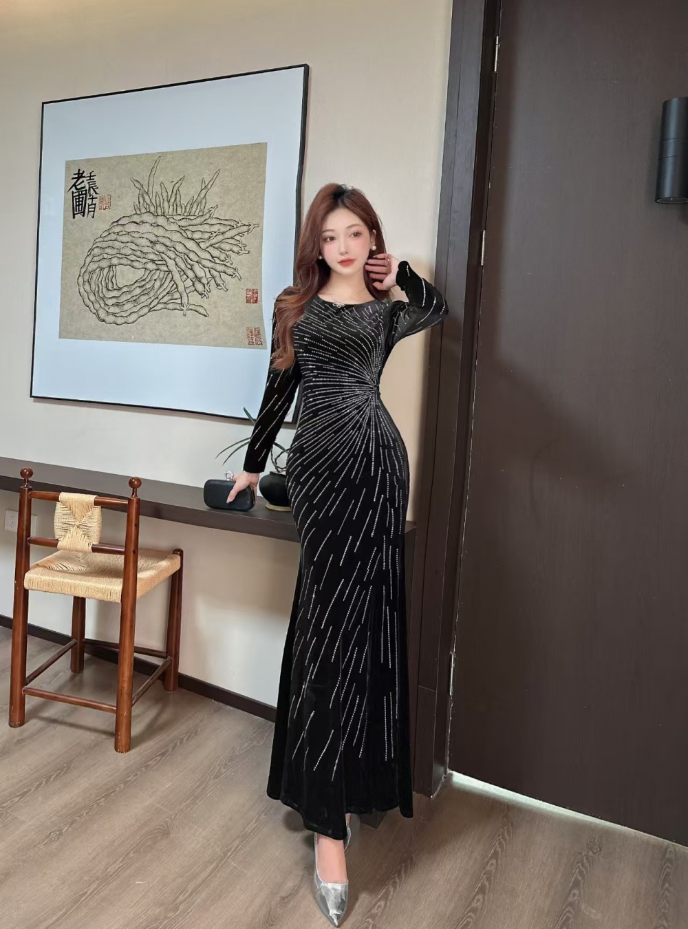 Slim sexy package hip dress temperament glitter long dress