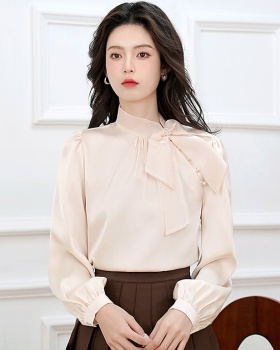 Satin France style organza shirt autumn bow niche tops