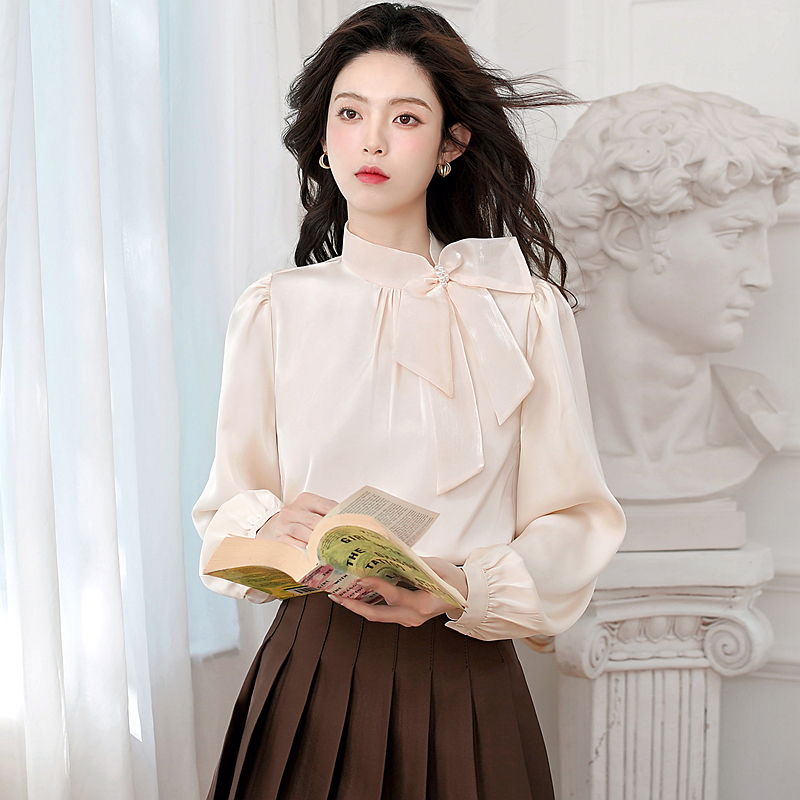 Satin France style organza shirt autumn bow niche tops