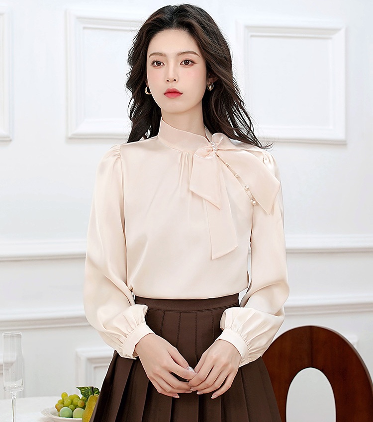 Satin France style organza shirt autumn bow niche tops