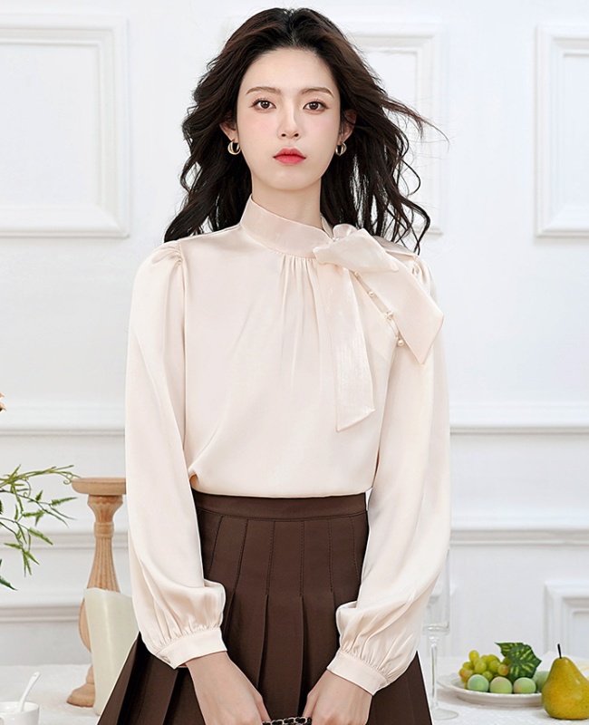 Satin France style organza shirt autumn bow niche tops