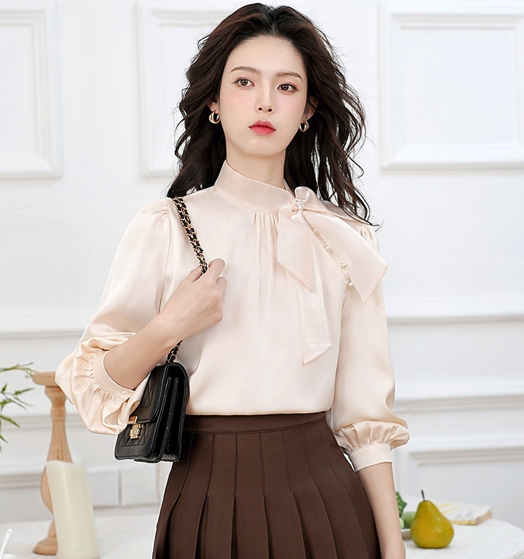 Satin France style organza shirt autumn bow niche tops